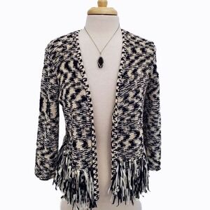 Chicos Womens M Black White Fringe Hem Open Front Knit Cardigan Boho Sweater